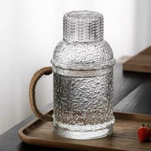 해외 직배송 투박한 빈티지 라탄 줄기 로프 손잡이 데코 투명 유리 물병 유리저그 피쳐 유리컵 세트 2.4L 검수 출고, A.2400ml 물병 뚜껑 세트