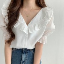 봄 여름 여성 달콤한 퍼프 소매 러플 빅카라 쉬폰 반팔 블라우스
