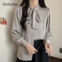 나바바 NB1225 여성 럭셔리 빈티지 단가라 리본넥 블라우스