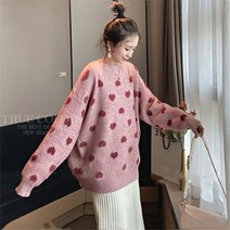 루즈핏 하트패턴 풀오버 박시 롱니트 원피스 니트, 01