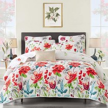 Uozzi Bedding 3피스 킹 양면 꽃무늬 퀼트 세트 화이트 레드 그린 컬러풀 소프트 극세사 경량 여름 침대보 플라워 성인용 사계절용 1개 베개 커버 2개, Flower