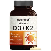 비타민 D3 K2 보충제 순수 코코넛 오일 주입 소프트젤 2 in 1 포뮬러 비타민 D3 5000 IU & K2 MK7 100mcg, 240정 x 1병