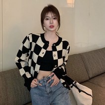 여성 데일리 가디건 1컬러 체크무늬 니트 가디건