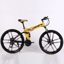 30 속도 성인 산악 자전거 자전거 고 탄소강 더블 디스크 브레이크 접는 mtb 학생 자전거 남성과 여성 야외 자전거, 26인치, 10나이프 옐로우