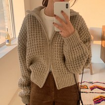 한국chic 빈티지 숄카라 더블 오픈 지퍼 루즈핏 긴팔 와플 니트 가디건 스웨터 코트녀