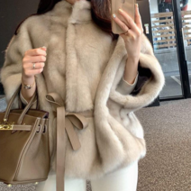 에이스토리 럭셔리 페이크 밍크 퍼 허리끈 자켓 퀄리티좋은 모임룩