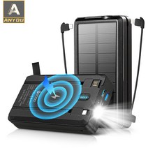ANYOU 보조배터리 30000mAh 무선 대용량 태양광 손전등 사합일의 보조배터리, 블랙