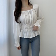 VANANA2 국내제작 스퀘어넥 프릴 밴딩 퍼프 블라우스