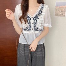 브이넥 수놓다 반팔 블라우스 펀칭 퍼프 소매 쇼트 톱