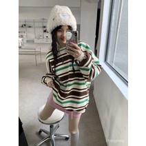 실제 촬영 3 표준 정렬 디자인 센스 마이너 레트로 콘트라스트 스트라이프 착용 느슨한 크루 넥 터틀넥 긴 소매 재킷 여성