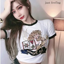 just feel!ng 여성 쇼트 패치 슬림 반팔 티셔츠 자수 여름티 시크탑 데일리티 여성사의