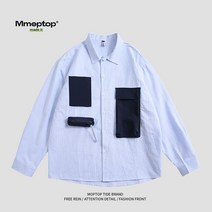 Mmoptop 봄철 다포켓 남백 줄무늬 일본계 긴팔셔츠 남성와이셔츠