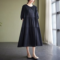 여성용 러 레이스 카라 루즈핏 린넨 면 캉캉 롱 원피스