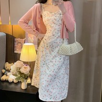 [랜덤플레이] 플라워 끈나시 롱 원피스 가디건 세트