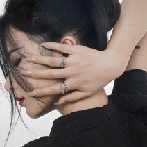 MLKENLY S925 스털링 실버 r그린 천연 동링 옥 오픈 링 장식 수제 상감 레트로 여성 반지 파인 쥬얼리
