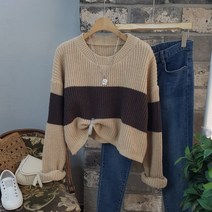 상상그이상 여성용 크롭 배색 니트 루즈핏 데일리 가을 간절기 겨울용 긴팔니트 체형커버 부드러운 따뜻한 포인트니트