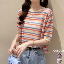 스타일아유 여성 여름 스트라이프 라운드 반팔 니트 티[AYG6KN543A]