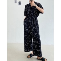스타일난다 여름 반팔 시원한 루즈핏 스트링 와이드 카라 도트 무지 편한 점프 슈트 블랙