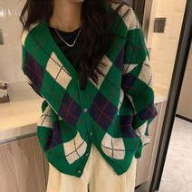 체형 커버 여유 핏 예쁜 스타일 아가일 가디건 그린 7734938EA