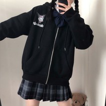 ANKRIC 오버핏 후드티 가을과 겨울 학술 스타일 귀여운 옥 계피 개 카디건 후드 스웨터 여성용 지퍼 느슨한 코트