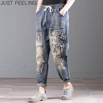JUST FEEL!NG 여름 여성 청바지 자수 허리 밴딩 캐릭터 데님 캐주얼 팬츠