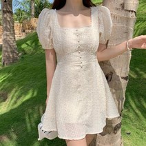 진주 스퀘어 넥 콩 단추 비즈 레이스 원피스 4size