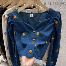just feel!ng 여성용 꽃무늬 코듀로이 셔츠 브이넥 쇼트 가을 겨울 긴팔 빈티지 자수 퍼프 코데즈 톱 긴발 타셔츠 4 COLORS