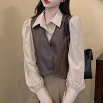 나루니 W06201 브라운 가죽조끼 가죽베스트 레더 여성가죽조끼 버튼