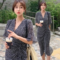헤링본 쉬폰 여름 롱 원피스 반팔 비치웨어 셔링 브이넥 데일리 루즈핏 빅사이즈 휴양지 바캉스룩 HC436