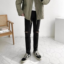 엘옴므 [기획]블랙 스판 칼구제 데미지 일자 슬림 데님 팬츠