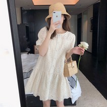 여름 여성복 루즈핏 퍼프 소매 레이스 펀칭 원피스녀