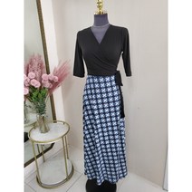 블루 콤비 나염 5부소매 플레어 맥시 랩 원피스