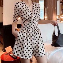 빈티지점프슈트 루즈핏 브이넥 도트 여름 여성 와이드 팬츠