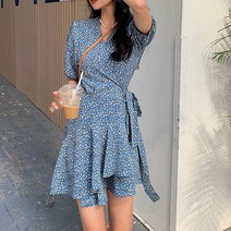 브이넥 레트로 작은꽃 플라워패턴 랩스타일 허리 스트랩 원피스 223559