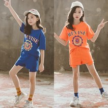 [삐삐네옷가게] 여아/ 초등학생 / 주니어 치크컬렁링반바지상하 컬러풀 트레이닝 반바지 상하세트 주니어 초등학생 여름 가벼운 반팔 티셔츠 운동복 상하복 등원