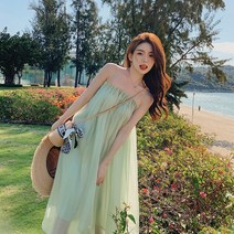 녹색 시 폰 나시 롱 원피스 여성 2022여름 신상품 여행 입 으시기 바닷가 휴가 비치 원피스 녹색 원피스 탑 원피스