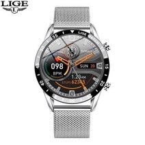 LIGE 풀 서클 터치 스크린 스마트 워치 스틸 밴드 블루투스 전화 남성 스포츠 활동 피트니스 Smartwatch, [04] silver mesh belt
