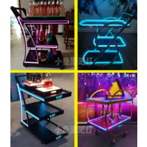 서빙카트 푸드 트레일러 led 호텔 식당 카트기 바, 그린 라운드 휠 2층 트롤리 매직 컬러 리모콘