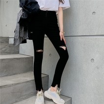 YY 높은 허리 꽉 찢어진 청바지 대형 새로운 모든 경기 블랙 연필 바지 슬리밍 바지