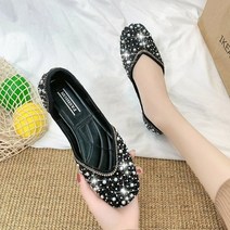 글리터 크리스탈 펄 스터드 발레 슈즈 여성용 스퀘어 토 슬립 온 로퍼 아늑하고 얕은 컷 아웃 발레리나 플랫 모카신 여성