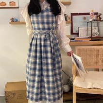 린넨 롱원피스 앞치마 체크무늬 어린이집 방수 카페 공방 미용실 보육교사 유치원선생님, 블루