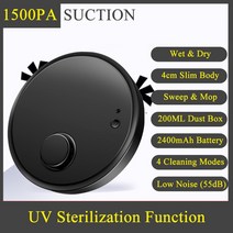 로봇 걸레 청소기 1500pa 진공 (UV 살균 포함) 건식 습식 세정기 스마트 소독 바닥 스위퍼 카펫 청소 Robo, 스페인, Regular Black