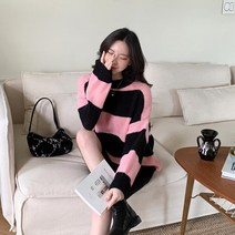 여자 분홍색스웨터 스트라이프 겨울 롱니트 긴팔티