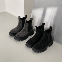 여성 큐빅 반짝이 스웨이드 밴딩 통굽 첼시 앵클부츠