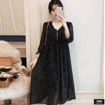 가바바 여성 원피스 사랑스러운 도트 패턴과 진주 장식 브이넥 쉬폰 롱원피스 G49551