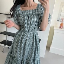 헤이 체크 스퀘어넥 잔체크 원피스 허리리본끈 포인트 캉캉