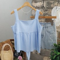 상상그이상 여성용 소장 뒷리본 나시 무지 뷔스티에 프릴 민소매 블라우스 스퀘어넥 뒷밴딩 포인트 블라우스