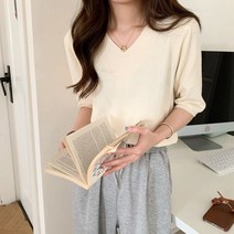 소프트 5부 니트 티 여성 브이넥 이너 티셔츠 무지