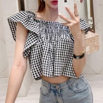 퍼니걸스 6480 스퀘어넥 프릴 체크 크롭 블라우스 여성의류