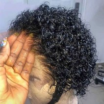 여성컷트머리 앞머리가발 정수리 올림 부분 150% D 곱슬 밥 레이스 프런트 가발 인모 짧은 J 정면 자연스러운 블랙 여성용 아기 머리와 사전 282299, curly, #1B